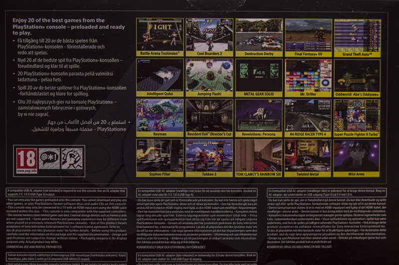Sony PlayStation Classic back of the box with screenshots of twenty PS1 games